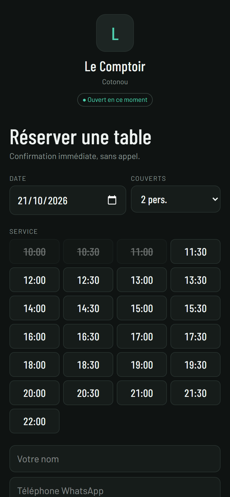 Page de réservation en ligne d'un restaurant, sur téléphone